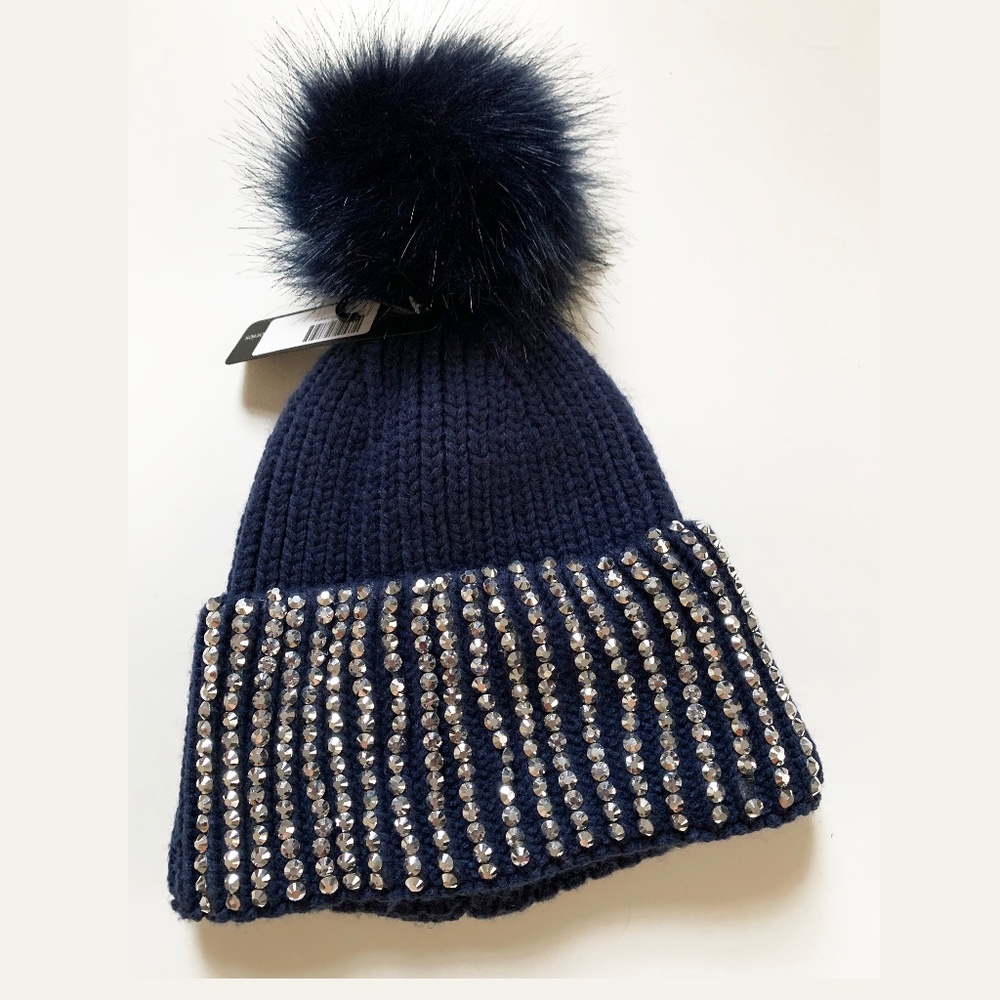 Navy Blue Sequined Pom Pom Hat
